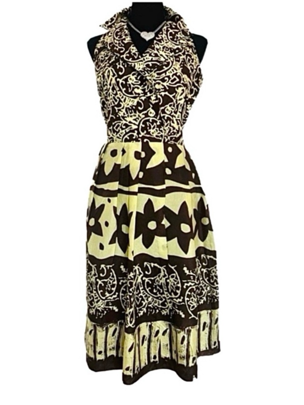 SUZI CHEN for Maggy Boutique ~ Brown and Chartreuse Patterned Midi Dress size 8